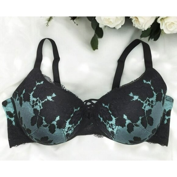 Torrid Curve Sexy Bra Black Teal Floral Underwire PushUp Plunge Crisscross 42DDD - Picture 1 of 11
